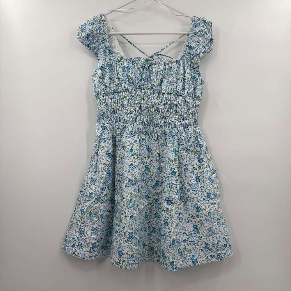 By Anthropologie cotton smocked mini dress blue floral